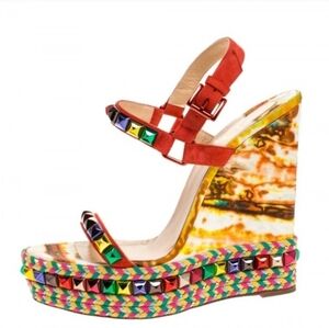 Christian Louboutin Cataclou 140 Cubana Wedge Espadrille Studded Sandals Sz 36